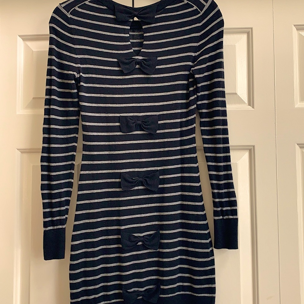 French Connection Black/gray striped sweater dress with back bow detail